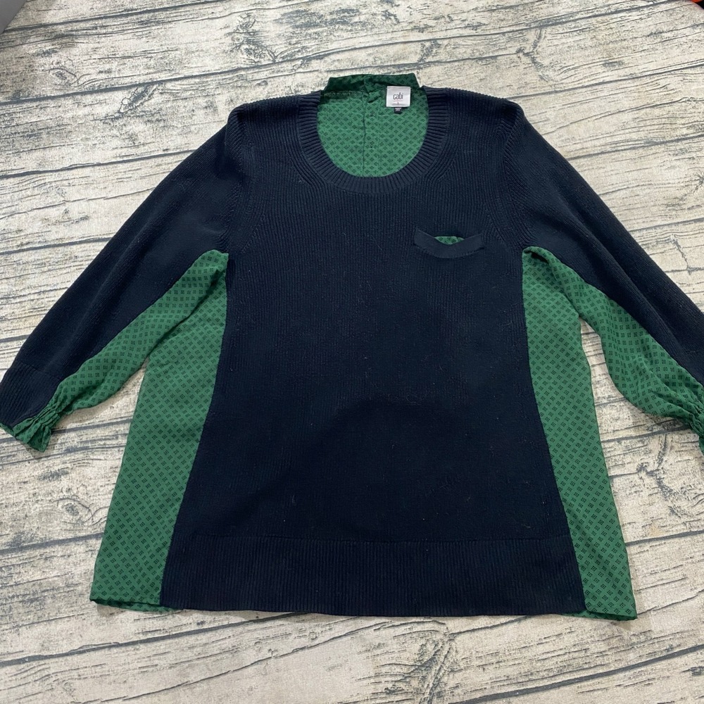 CAbi Get Together Knit Sweater‎ Green Sheer Chiffon Pleated Back 3520 Women's S